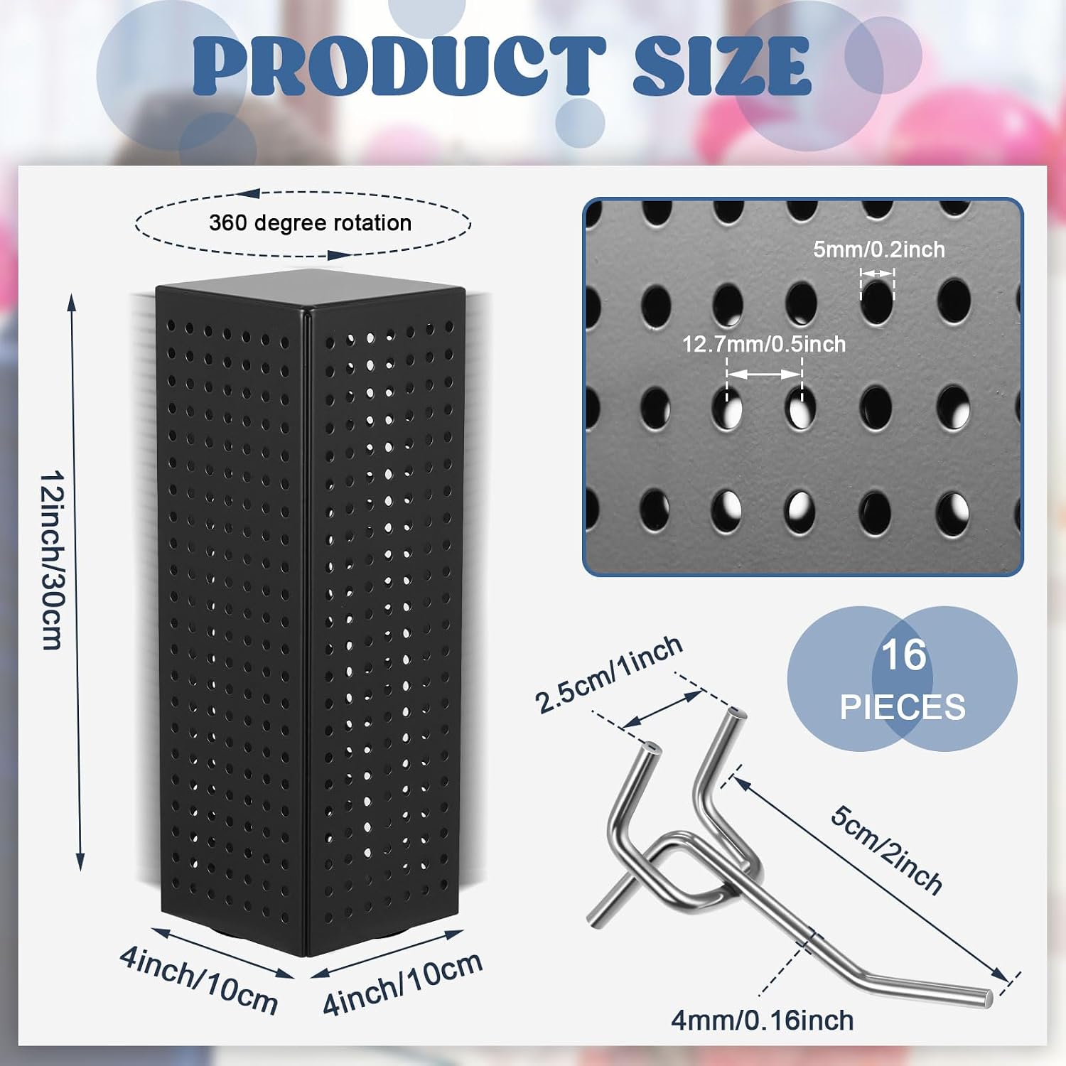 Geelin Rotating Countertop Display Kit with 16 Peg Hooks Four Sided Pegboard Spinner Organizer 4 x 4 x 12 Inches Retail Display Racks Revolving Metal Countertop for Keychain Supplies(Black)