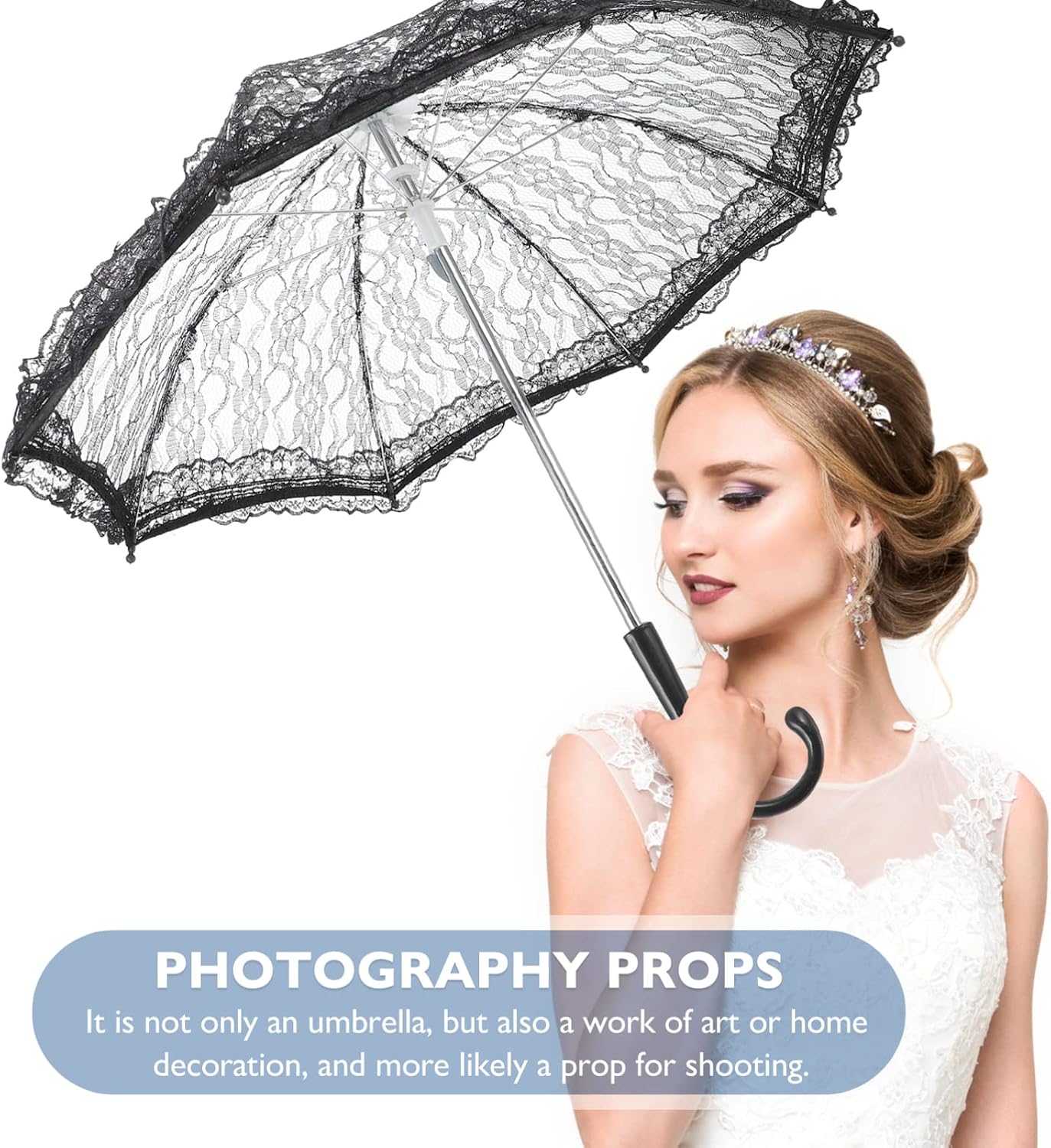 Wowagoga Ombrello da sposa in pizzo vintage, 50 x 63 cm, ombrello bianco per matrimoni, decorazioni e feste (grande