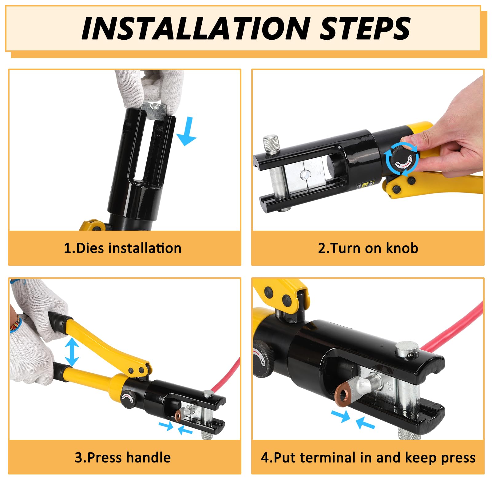 Herramienta de crimpado hidráulico 6AWG-600MCM Herramienta de crimpado de cable de batería con 11 troqueles fácil de operar, kit de herramientas de crimpado de alambre hidráulico para cuerda