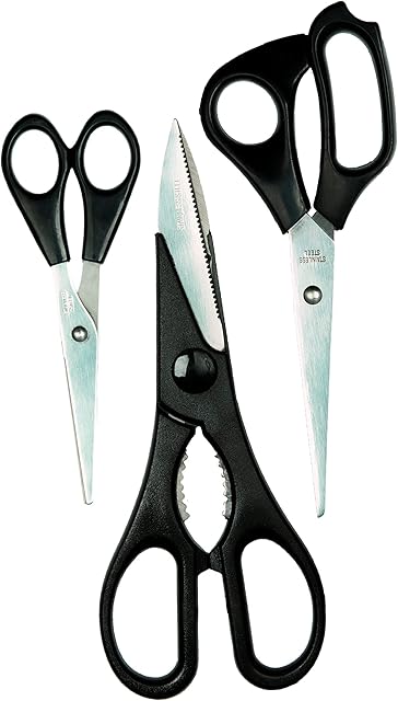 Culinare C33001 3 Piece Scissor Set | Black | Stainless Steel | 140mm/180mm/200mm | Multi-Purpose Scissors | Heavy Duty Kitchen Scissors/Herb Scissors/Embroidery/Everyday | Dishwasher Safe