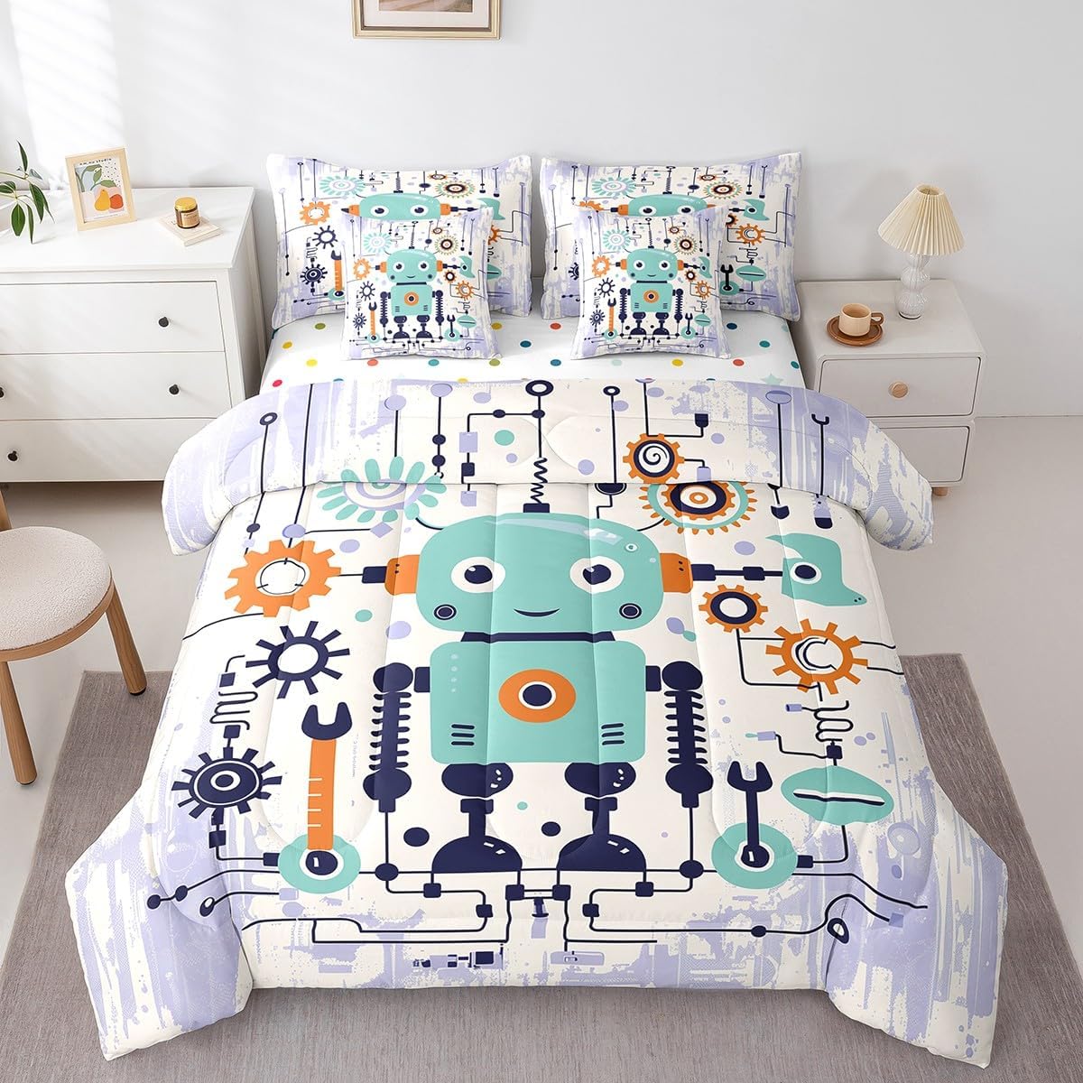 Modern Robot Comforter Set for Kids Room Decor,Intelligent Machine Themed Bedding Set Queen Size 7 Pcs,Funny Geometric Lines Bed in a Bag with Comforter, Sheets, Pillowcases & Cushion Cover