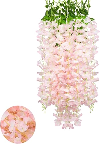 Paquete de 5 guirnaldas de flores colgantes de glicina rosa claro, enredaderas de flores artificiales de 3.77 pies, glicinia falsa, guirnalda