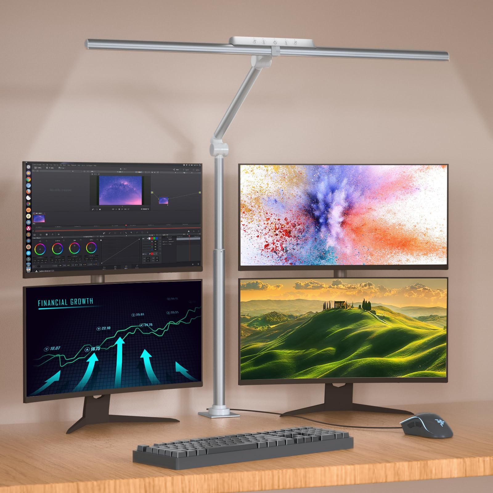 OOWOLF LED Desk Lamp,24W Dual Head Light with Backlight,1200LM Dimmable Swing Arm Desk Light,32" Wide Eye-Caring,Full Spectrum Desk Lamp with Memory Function for Office (Silver)
