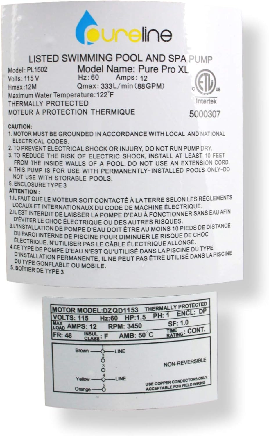 Pureline Pure Pro XL PL1502 Pool Pump Warning Label