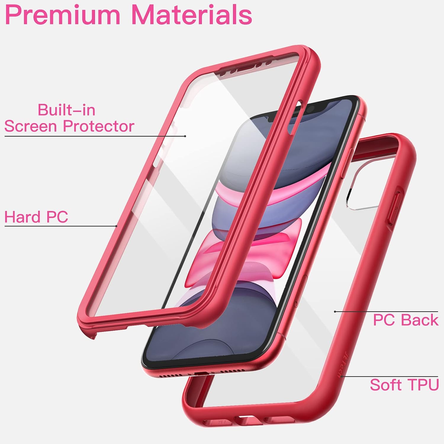 JETech Case for iPhone 11 6.1 Inch with Built-in Screen Protector Anti-Scratch, 360 Degree Full Body Rugged Phone Cover Clear Back (Red)