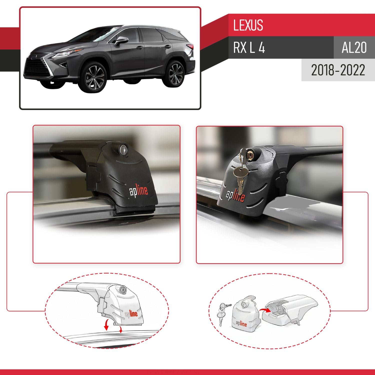 Kompatybilny z Lexus RX 350hL 450L (AL20) 2018-2022 ACE-2 Model Aluminiowe poprzeczki dachowe Czarny 2 szt.