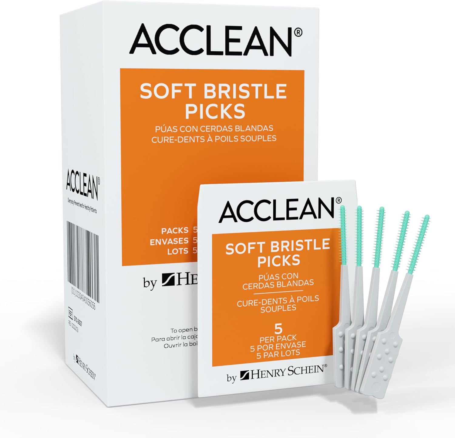 Acclean Dental Picks Patient Pack, Unflavored, Latex-Free, Disposable Plastic Picks, Tapered & Flexible, 5 Picks per Pack, 72 Packs per Box