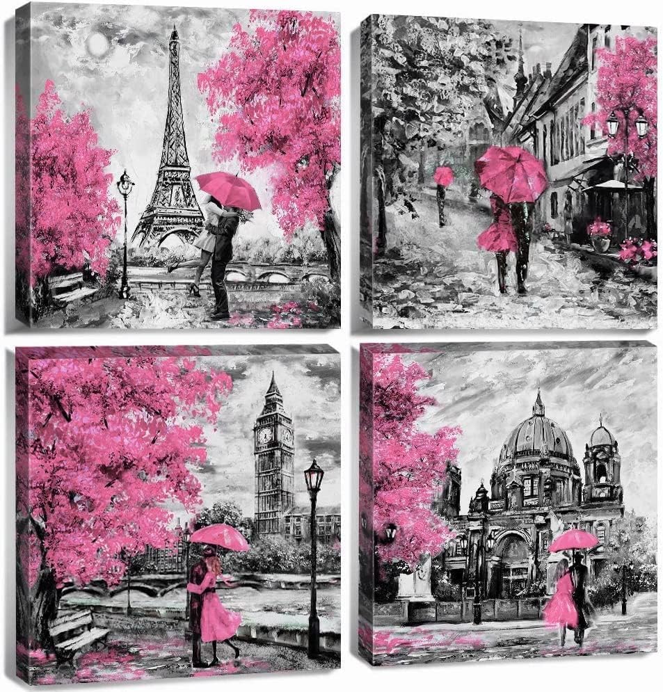 AREBOLO 4 piezas Arte mural rosa cuadros para dormitorios decoración de paredes pinturas murales abstractas en acuarela decoraciones salón paisaje urbano de parís láminas impresas en lienzo 12x12”