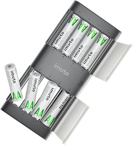imuto Baterías recargables AA con cargador, baterías de litio AA de 2000 mWh, paquete de 8 unidades, cargador de batería AA de litio delgado de 8