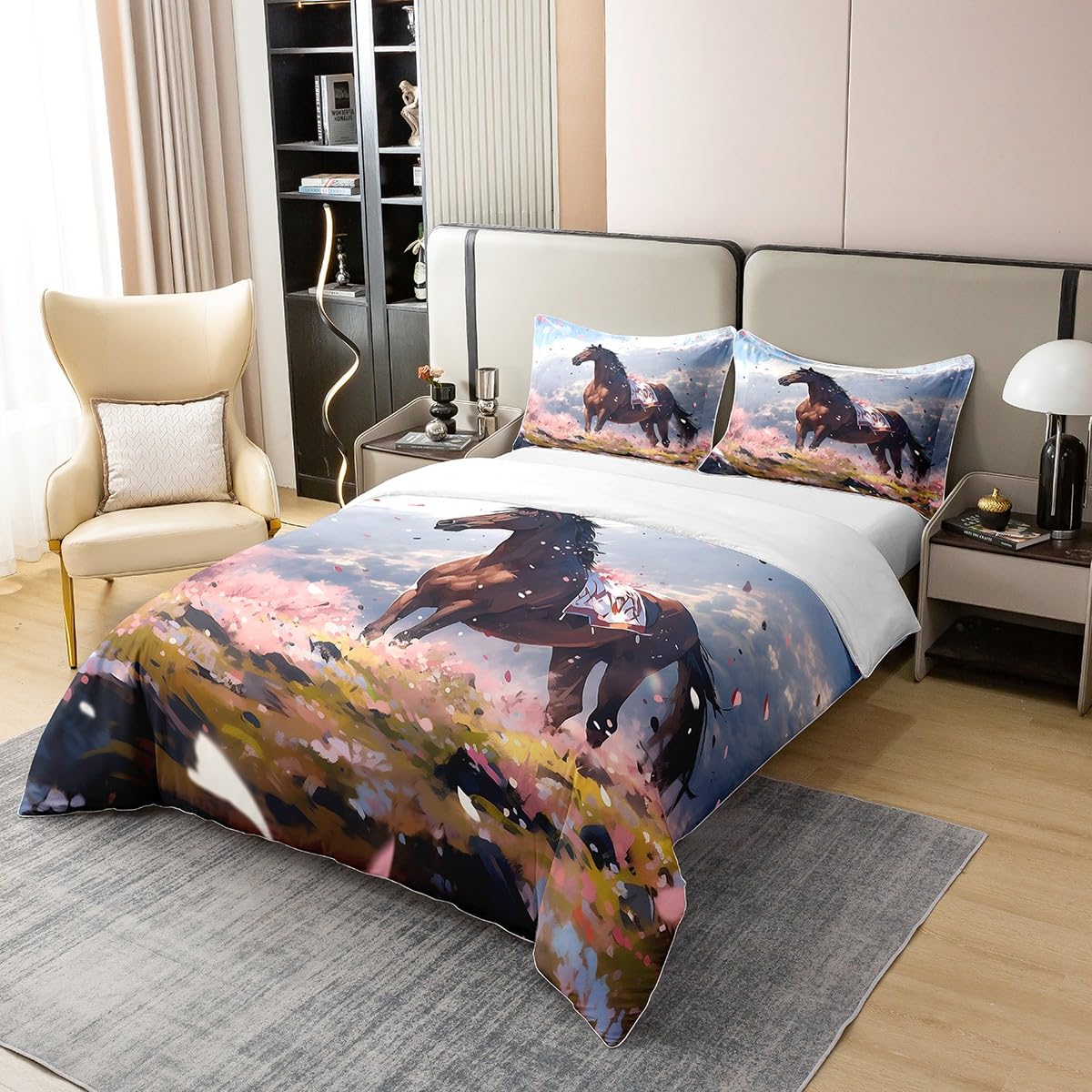 Homewish - Juego de cama de algodón, 200 x 200 cm, diseño de caballo, diseño de caballo, color marrón