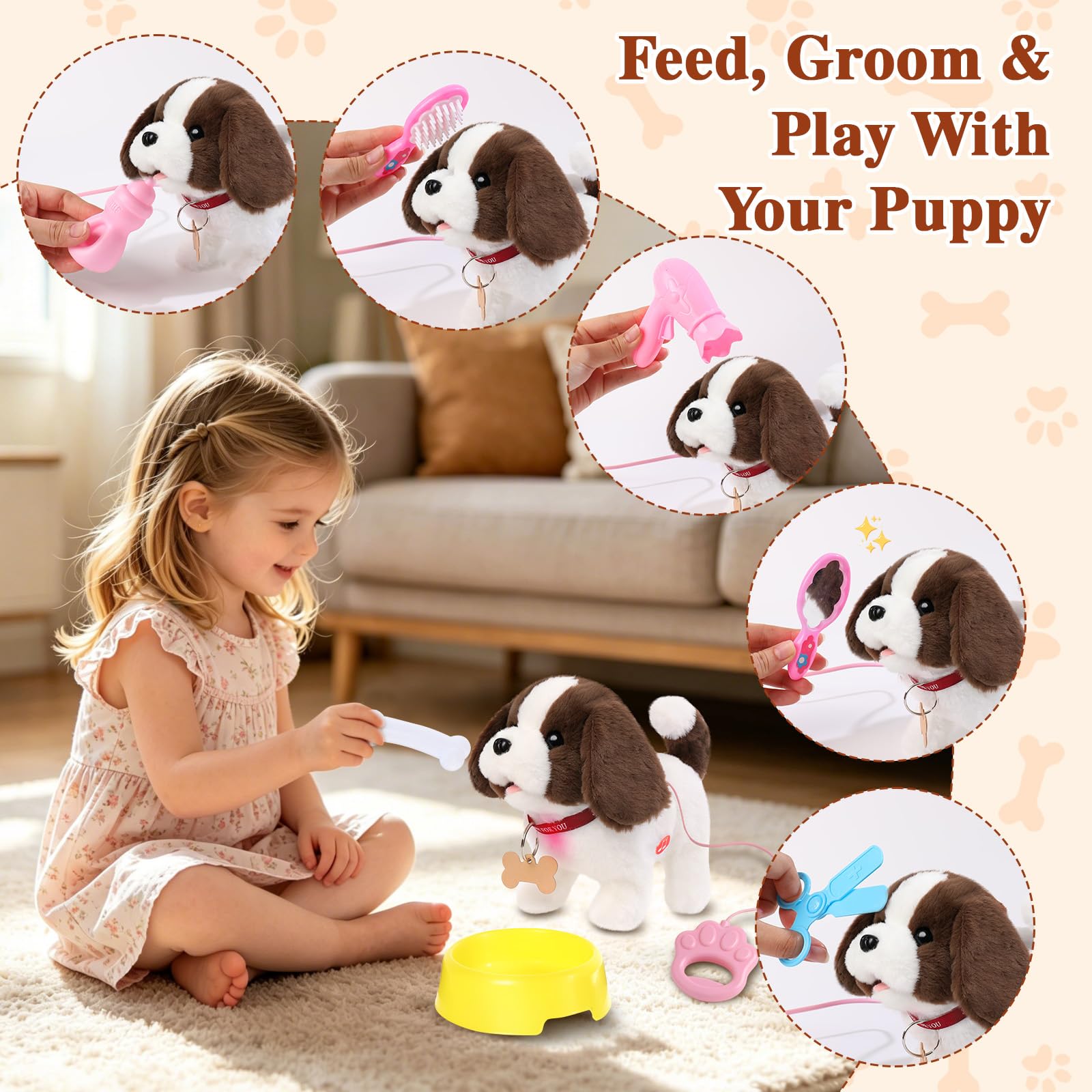 Juguete interactivo de peluche para cachorros, ladridos, grabación, con juego de aseo