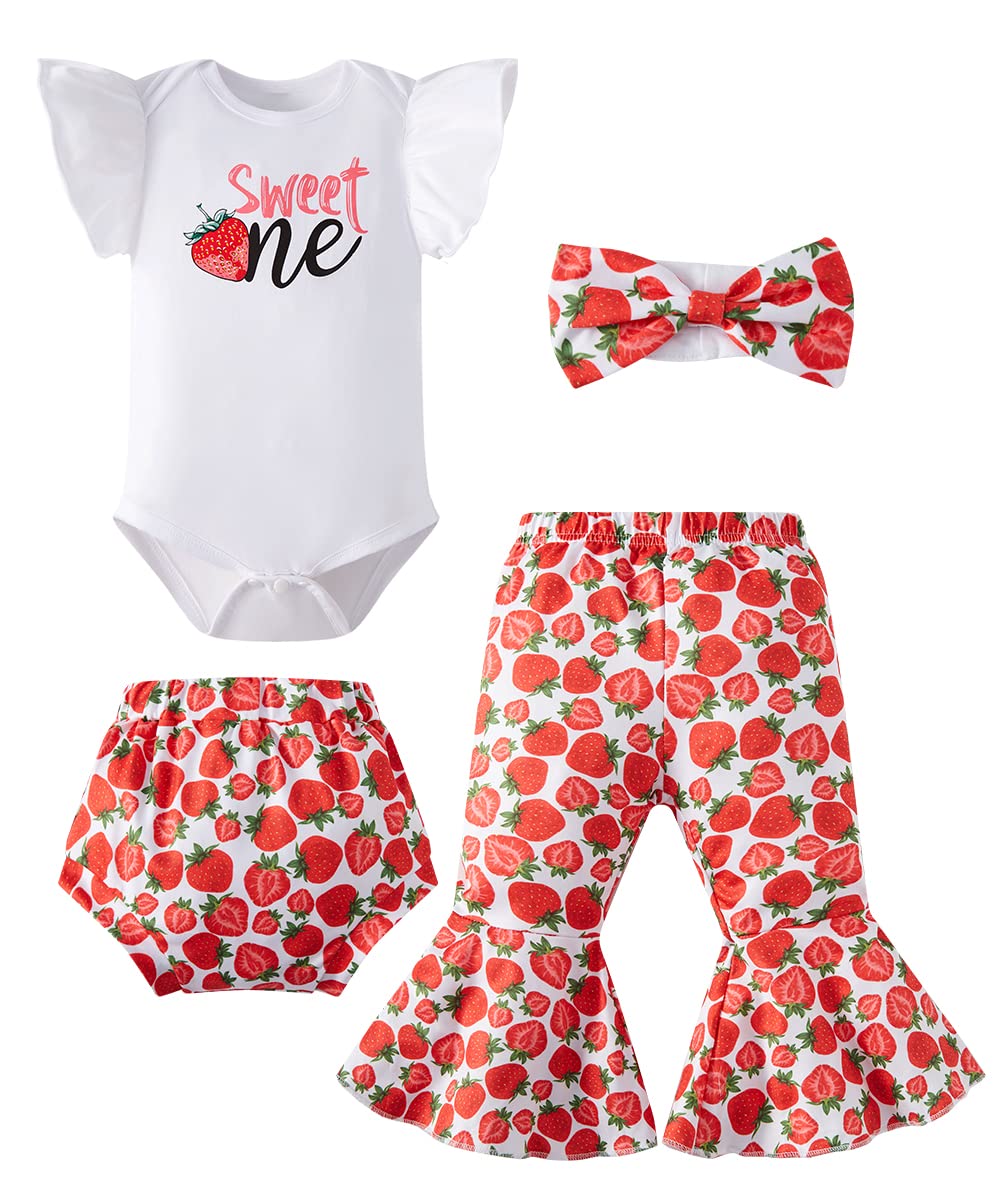 Baby Girls primo compleanno abiti mucca dolce ciambella fragola pagliaccetto pantaloni svasati con fascia set 4 pezzi, fragola, 12-18 mesi, Fragola, 12-18 mesi