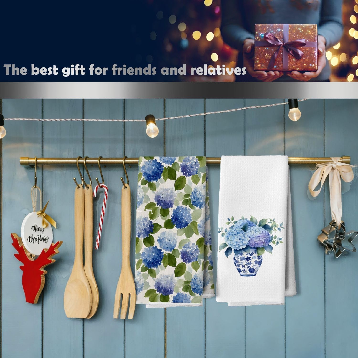 Blue Hydrangea Floral Kitchen Dish Towels, Chinoiserie Grandmillennial Flower Botanical Decorative Hand Tea Towels for Bathroom Kitchen, 16x24 Inches Set of 2 - Image 5