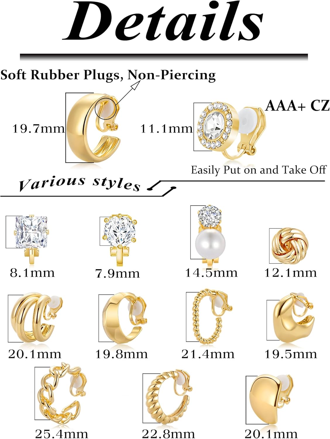 Tornito 13 Pairs Clip on Earrings for Women Chunky Non Pierced Hoop Earrings CZ Pearl Knot Croissant Tube Twist Stud Hoop Clip on Earring Set Fake Earrings Clips Jewelry 14K Gold Silver Plated - Image 2