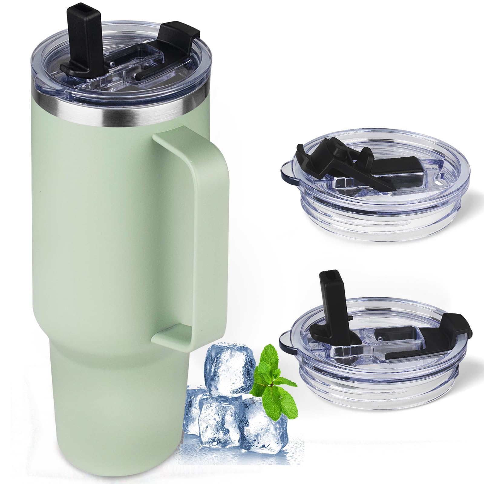 40 oz Tumbler with Handle and Flip Straw, 100% Leakproof Insulated Tumbler with Lid and Straw, Stainless Steel Travel Coffee Mug, Insulated Coffee Thermal Cup for Cold and Hot (Green Tea)