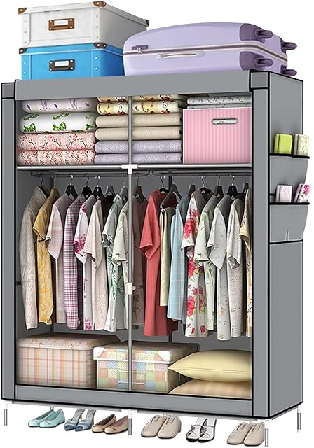 LOEFME Canvas Wardrobe Portable Large Fabric Wardrobe Free Standing Storage Organizer with Hanging Rail Closet for Clothes Bags Toys Shoes Bedroom Shelving Cupboard Cover Grey