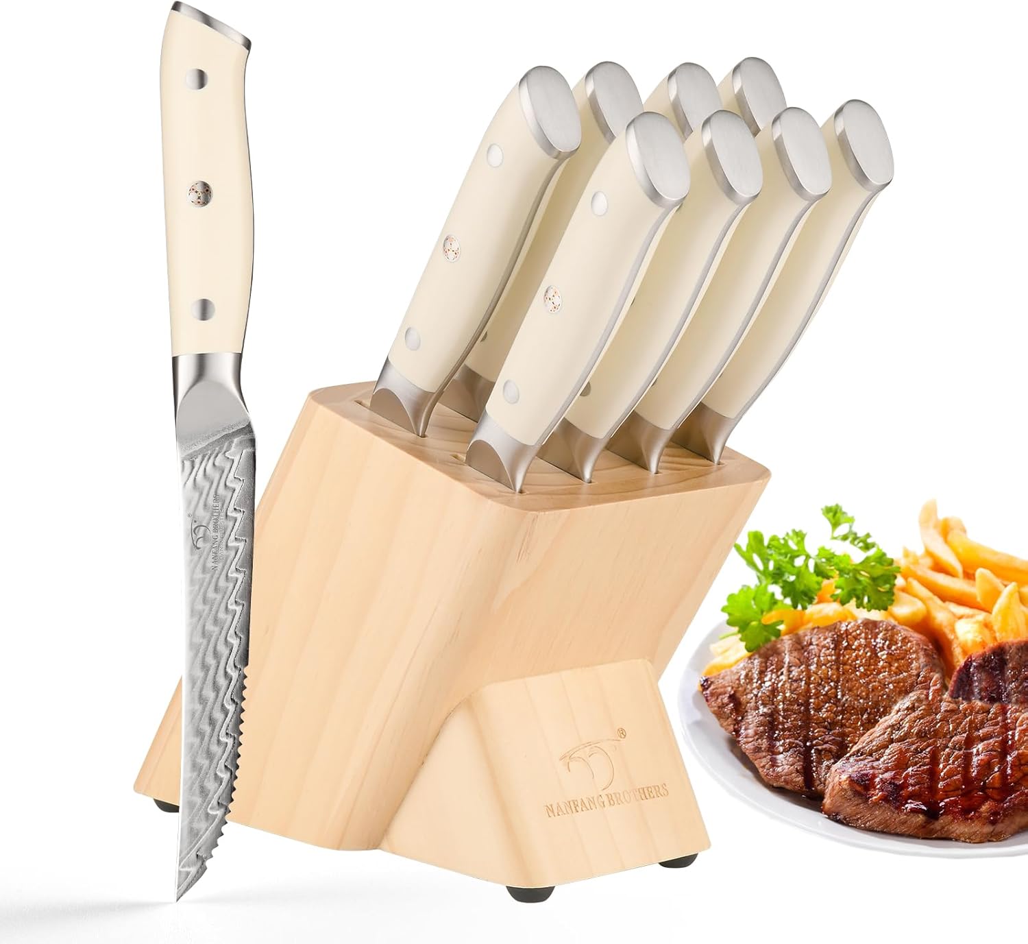 Damascus Serrated Steak Knife Set of 8 with Block, 5 Inch