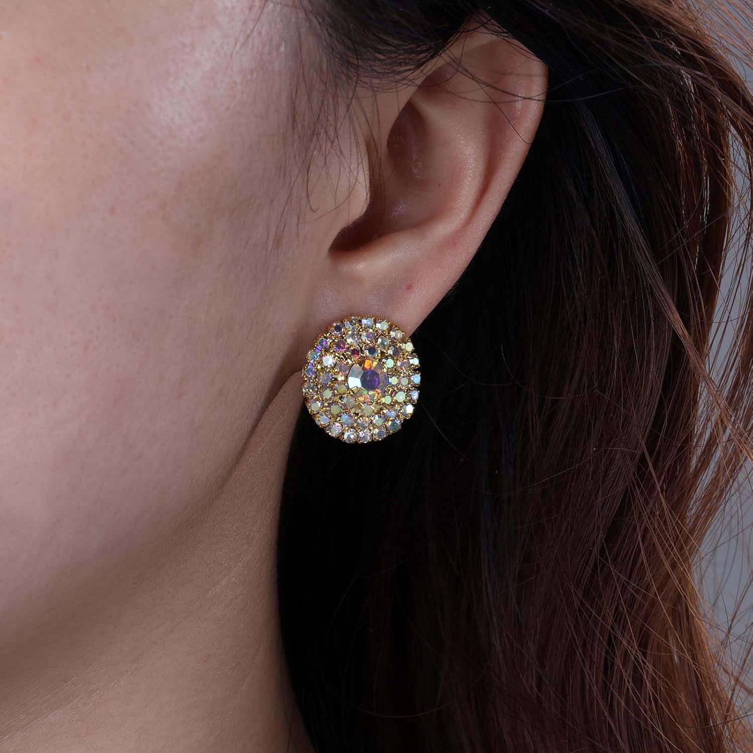 Round Rhinestone Earrings Gold Full Crystal Stud Earrings Cluster Cubic Zirconia Wedding Earrings Sparkly Colorful Rhinestone Earrings CZ Circle Glitter Earrings Earrings Jewelry for Women - Image 3