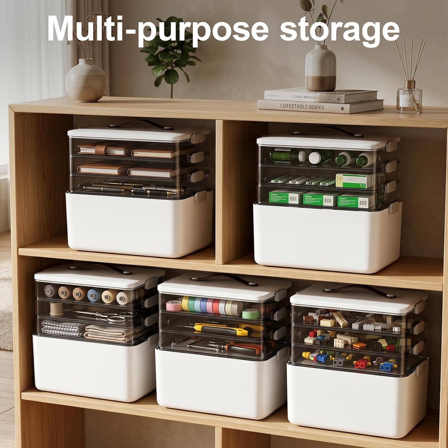 Spreezy 4-Tier Medicine Organizer Storage Box - Portable Medicine Cabinet with Leather Handles, Multifunctional Storage Box with Lid and Clasp, Empty First Aid Kit for Home, Art