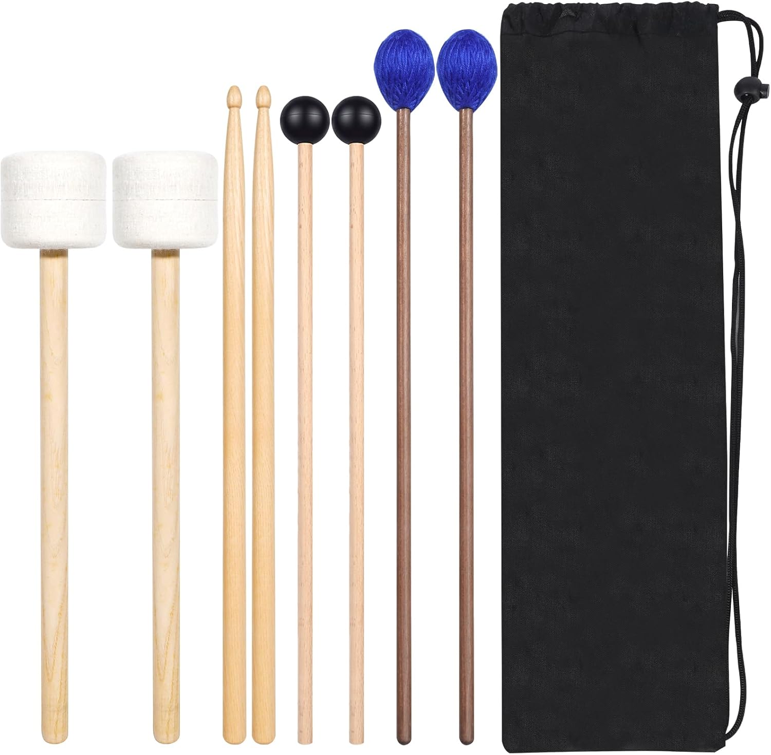 Drum Mallets Kit – 4 Pairs (Felt Timpani, Rubber, Marimba, 5A Drumsticks), Percussion Instrument Beginner Accessories for Steel Drum, Bass Drum, Glockenspiel, Xylophone Mallet