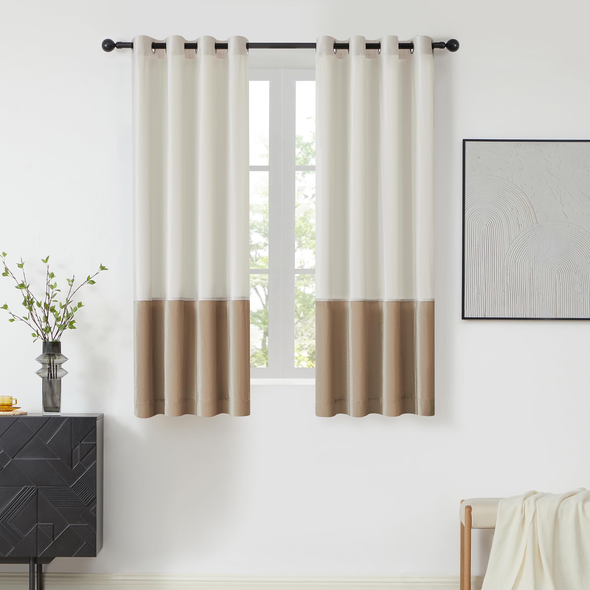 BULBUL Color Block Window Curtains Panels 63 inches Long Cream Ivory Champagne Velvet Farmhouse Drapes for Bedroom Living Room Darkening Treatment