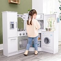 Vista 2 de KidKraft Ultimate Corner Wooden Play Kitchen with Lights & Sounds, Play Phone and Curtains, White