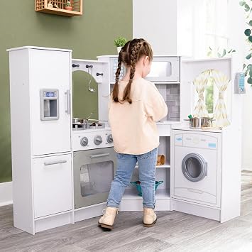 KidKraft Ultimate Corner Wooden Play Kitchen with Lights & Sounds, Play Phone and Curtains, White
