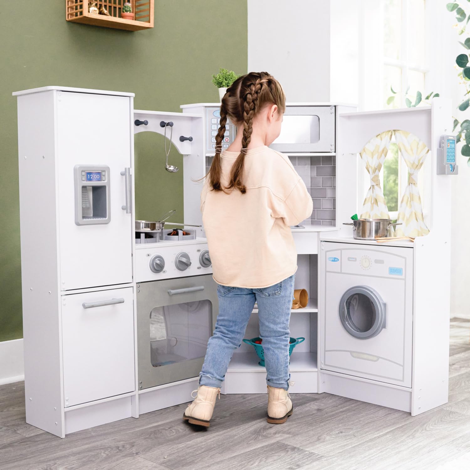 KidKraft Corner Wooden Play Kitchen with Lights, Sounds & Phone – White - Image 2