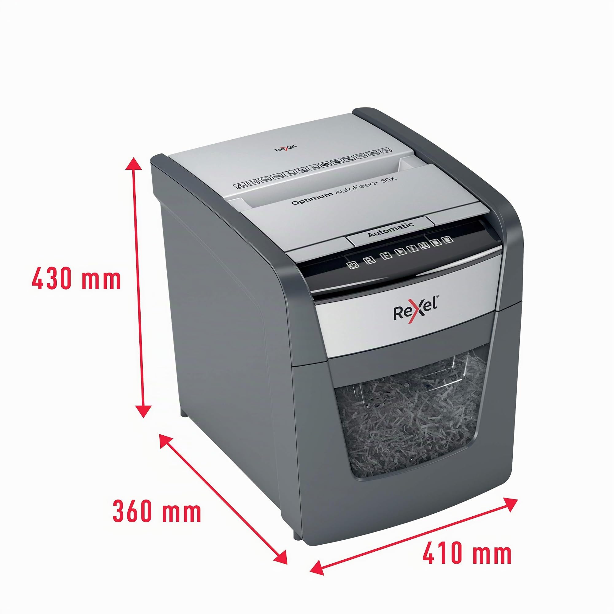 REXEL Optimum Auto Feed+ 50X, Distruggidocumenti Automatico, Spina Svizzera, 50-55 Fogli (80-70 gr/mq), Taglio a Frammento, Livello di Sicurezza P-4, per la Casa e per l’Ufficio, Capacità 20 Litri