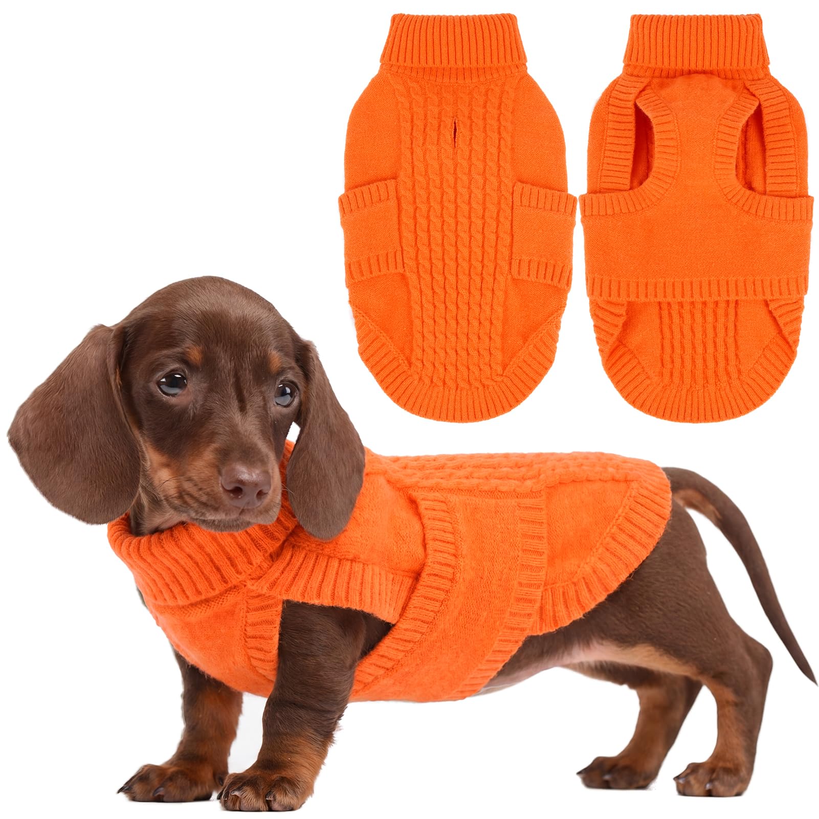Hjumarayan Cable Knit Dog Jumper for Miniature Dachshund | Warm Sleeveless Dog Sweater with Roll Neck | Winter Clothes with Harness Hole | Sleeveless Knitwear | Shih Tzu (Orange M)