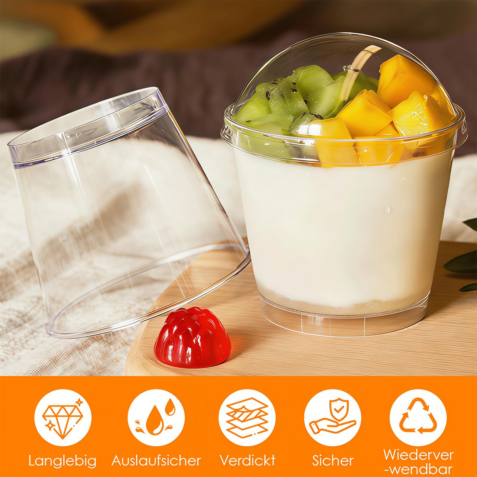 50 tazze da dessert, 200 ml, in plastica con coperchio, riutilizzabili, rotonde da dessert in plastica, per la casa, dessert, mousse budino
