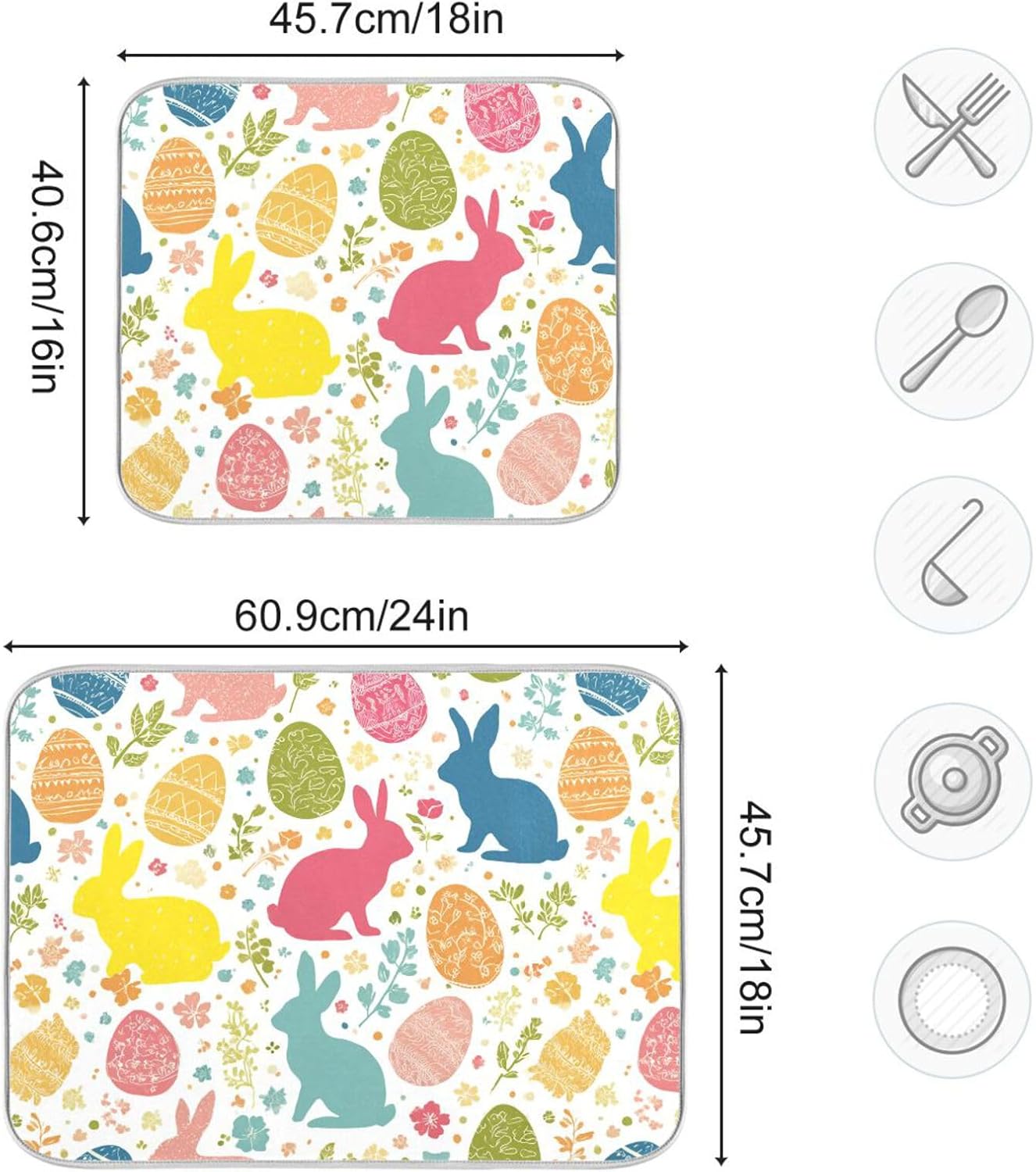 フラワー エッグ バニー イースター ディッシュ乾燥マット 16 x 18インチ 春 バラの葉 覗き見 うさぎ ドライ皿 パッド マ