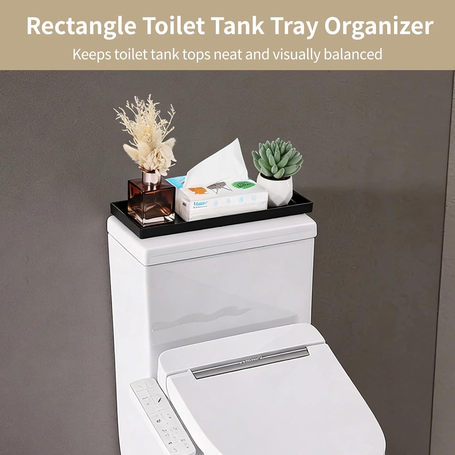 Rectangle Bathroom Organizer, 2 Pcs Black Melamine Toilet Tank Trays, Vanity Tray For Paper Towels, Countertop Holder