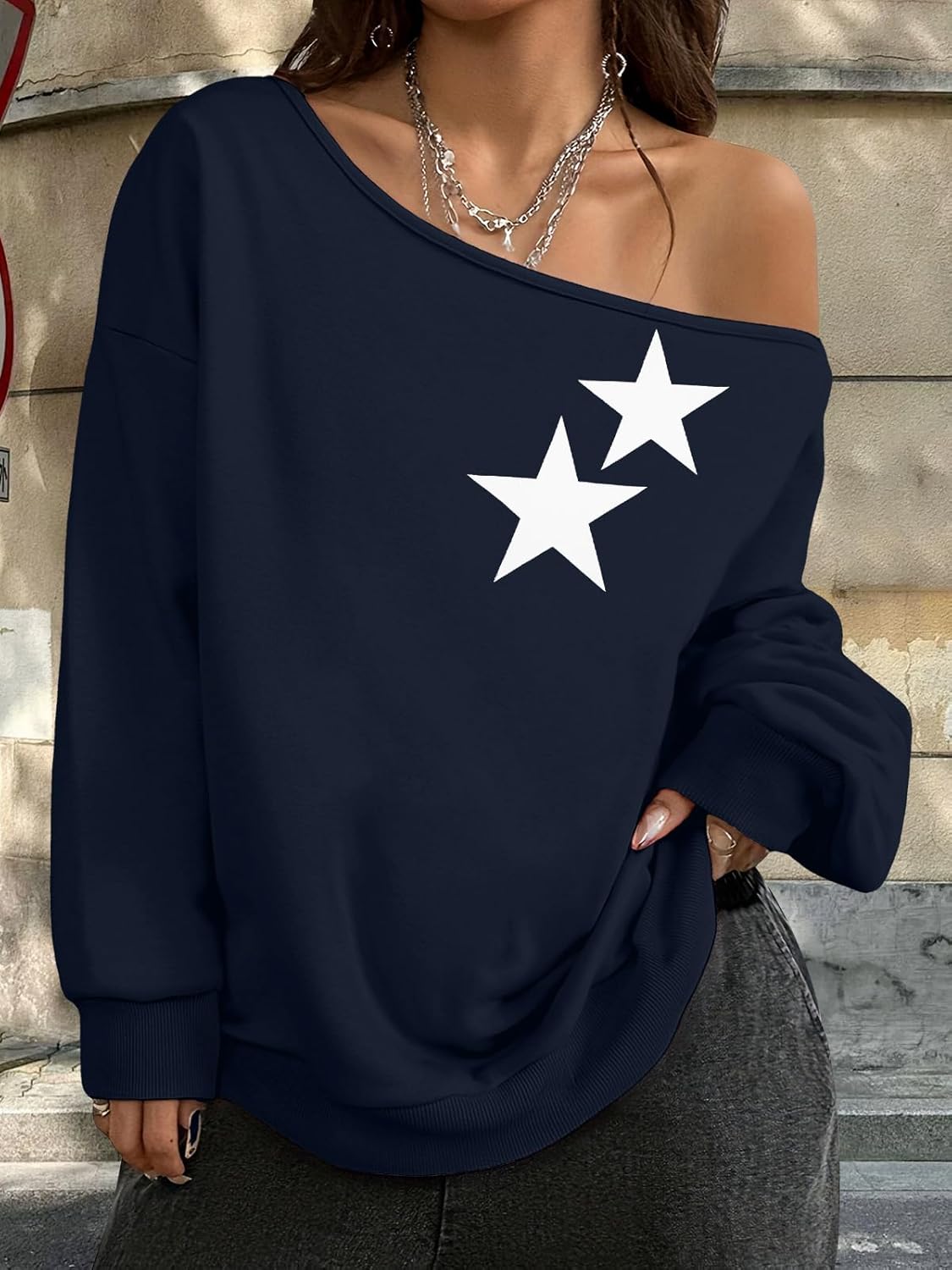 MYHALF Off the Shoulder Sweatshirt for Women Y2K Bow Graphic Pullover Tops Drop Shoulder Long Sleeve Cute Sweaters - Image 3