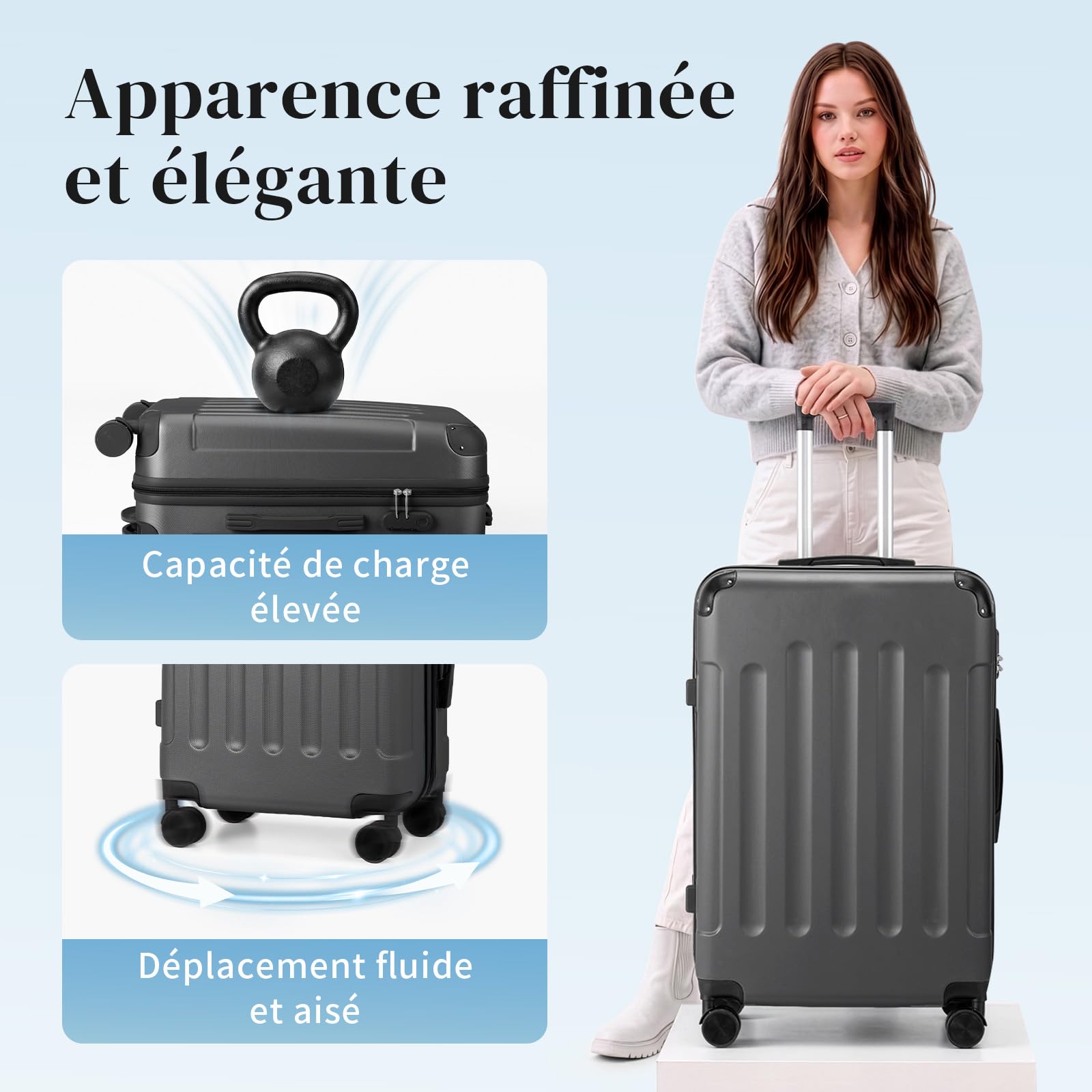 LALAHO Set de 5 Valises avec Vanity Case, Valise Grande Taille/Cabine avec Renforts d'angle, Petite Valise, Bagage Suitcase en ABS (Gris foncé)