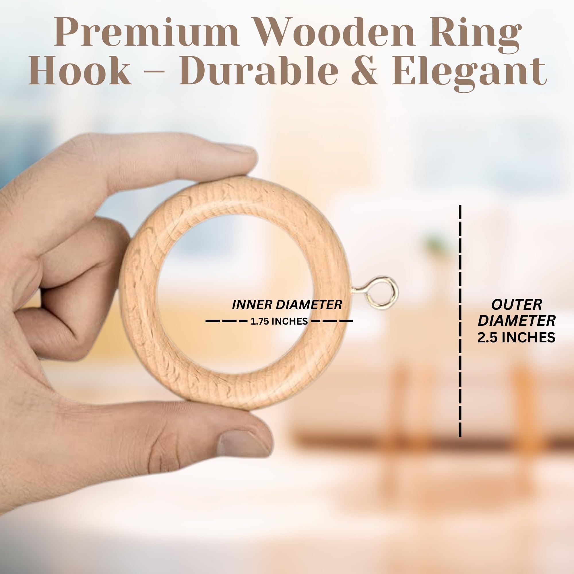 Lot de 50 anneaux en bois de hêtre naturel faits à la main pour tringle de 2,5 à 5,1 cm, diamètre intérieur de 5,6 cm, beige