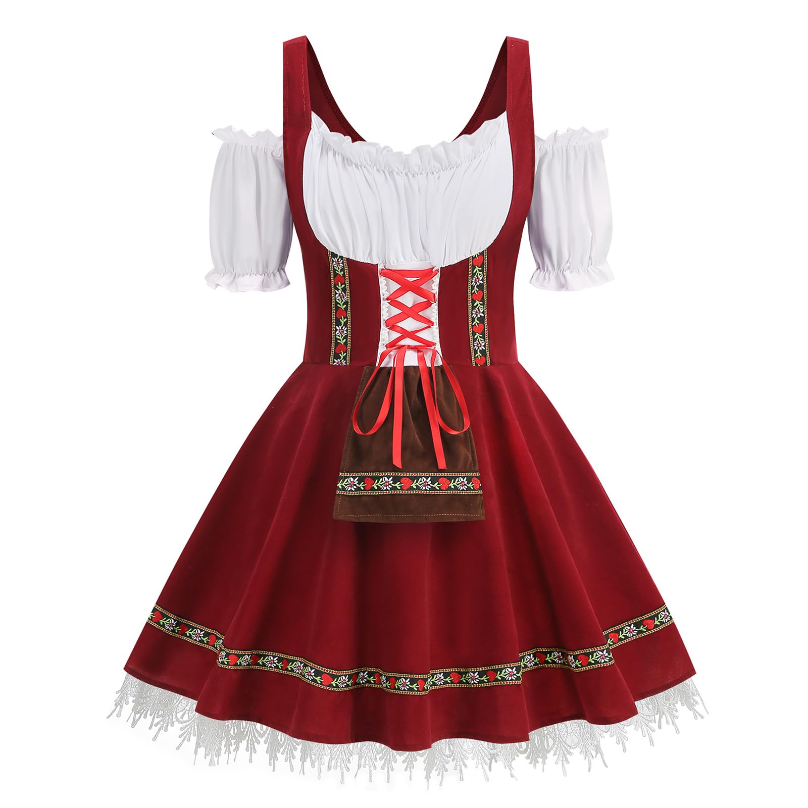 HAPNBCELE Oktoberfest Costume for Womens, German Dirndl Dress One-Shoulder Traditional Bavarian Carnival Halloween Outfits (Jujube Red, Small)