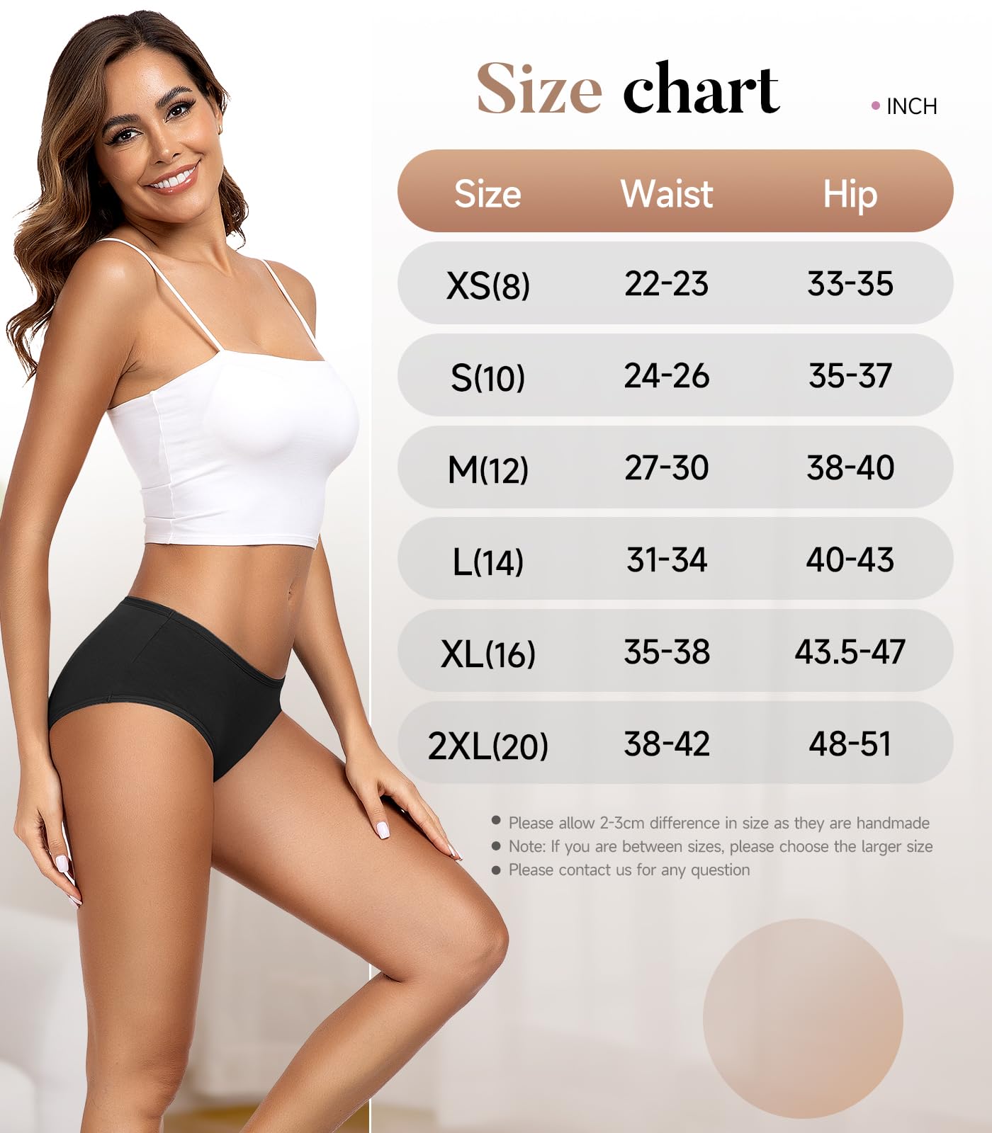 TANSTC Damen Unterhosen Baumwolle 6er-Pack Hipster Slips, Niedrige Taille & Stretch, Atmungsaktiv