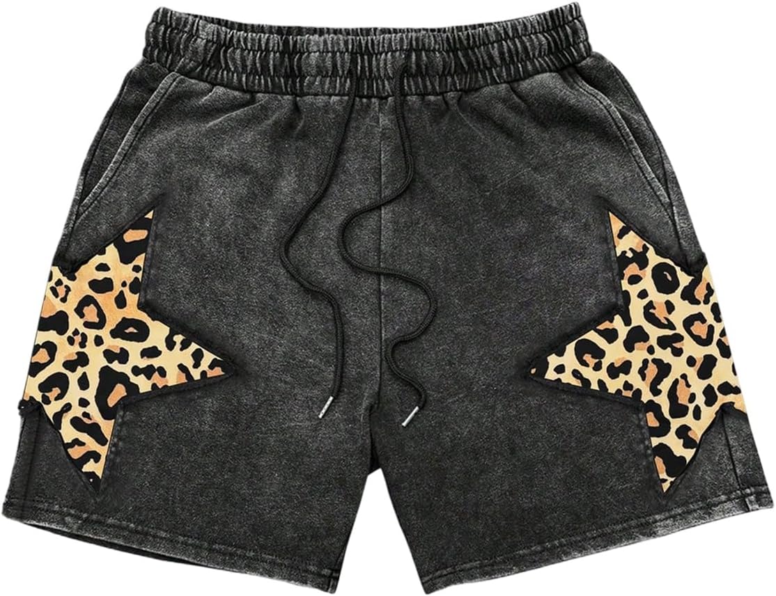 VIPWOLF Men's Star Graphic Y2k Shorts Drawstring Waist Distressed Vintage Track Shorts Streetwear