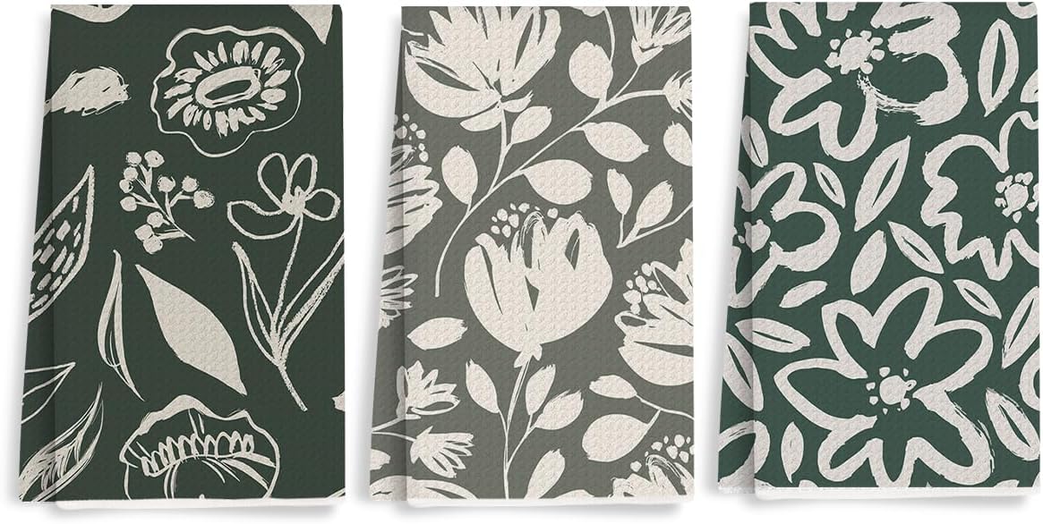 3 Pcs Abstract Green Floral Kitchen Towels, Rustic Retro Decorative Absorbent Microfiber Dish Cloth Tea Towel, Waffle Soft Hand Towels for Farmhouse Home Bathroom Kitchen , Housewarming Gifts