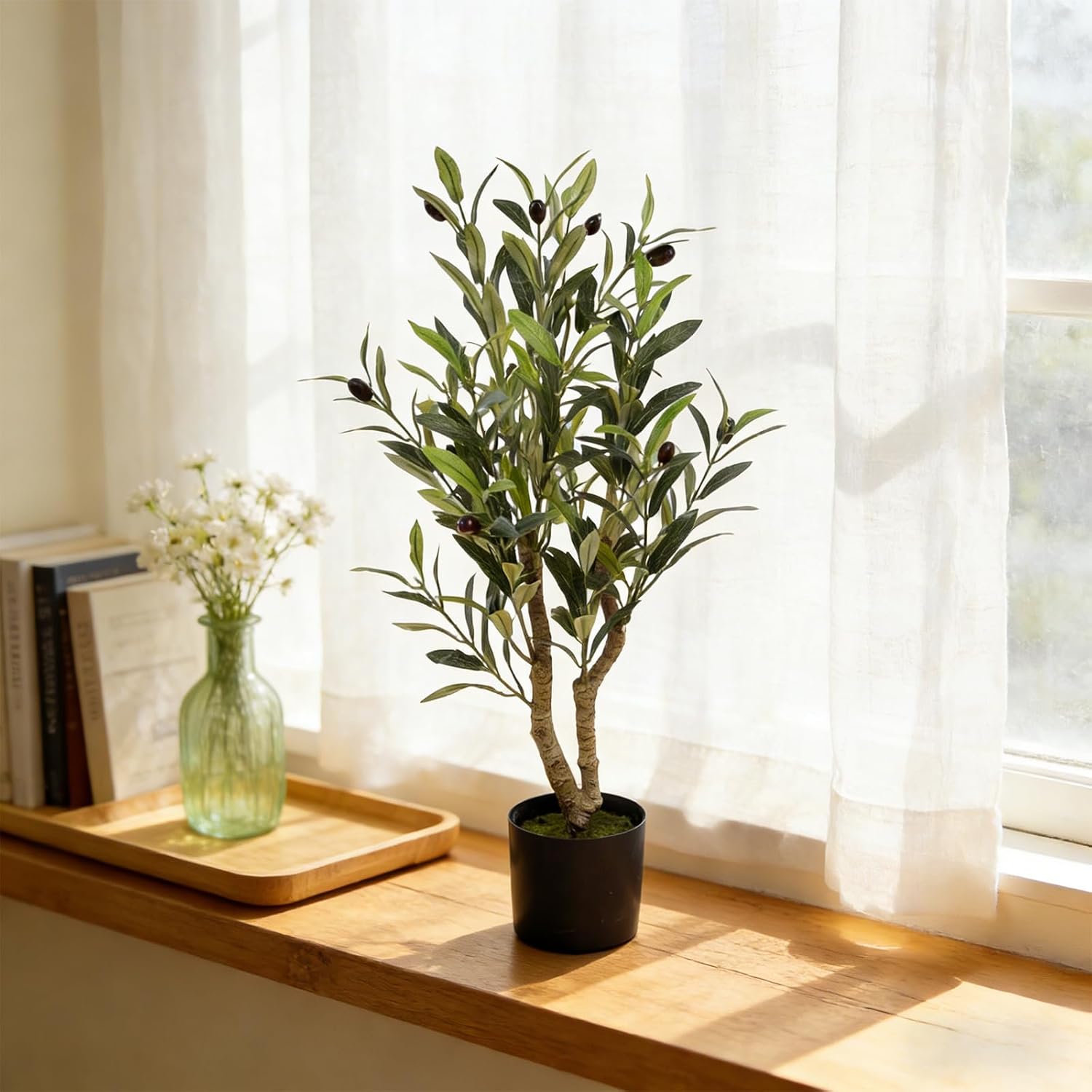 Artificial Olive Potted Tree, 28" Tall Tabletop Fake Olive Tree with Fruits Lifelike Faux Greenery Plants in Pot for Indoor Livingroom Kitchen Bedroom Office Home Decor (B)
