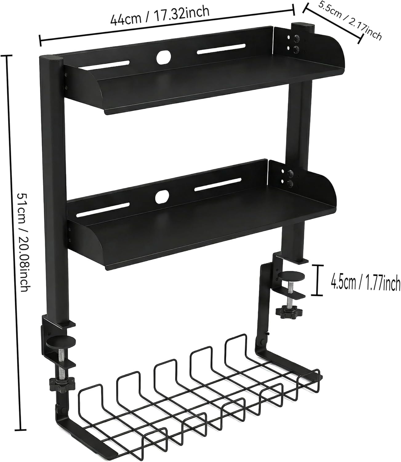 Clamp On Desk Shelf, 17'' 2-Tier Desktop Organizer Shelf with Under-Desk Hidden Storage Basket, Heavy-Duty Desk Shelves for Top of Desk, Space-Saving Desk Storage for Home Office Gaming Setup (Black)