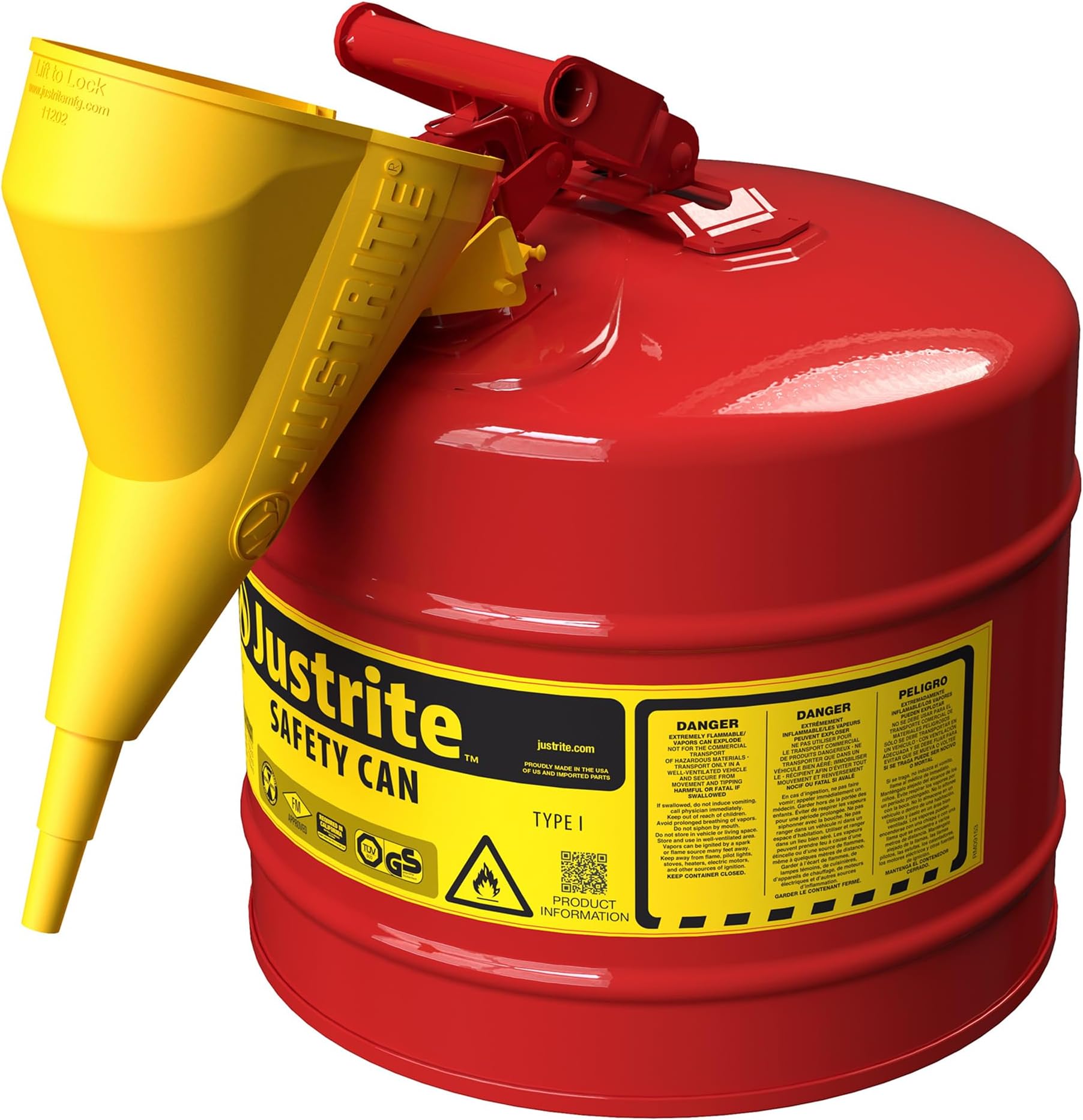 Type I Gasoline Safety Can, Red Galvanized Steel, Made in the USA | Flammable Liquid Storage Can with Funnel, Self-Closing Lid, 5 Gallon Capacity, Flame Arrester, FM Approved, OSHA, NFPA