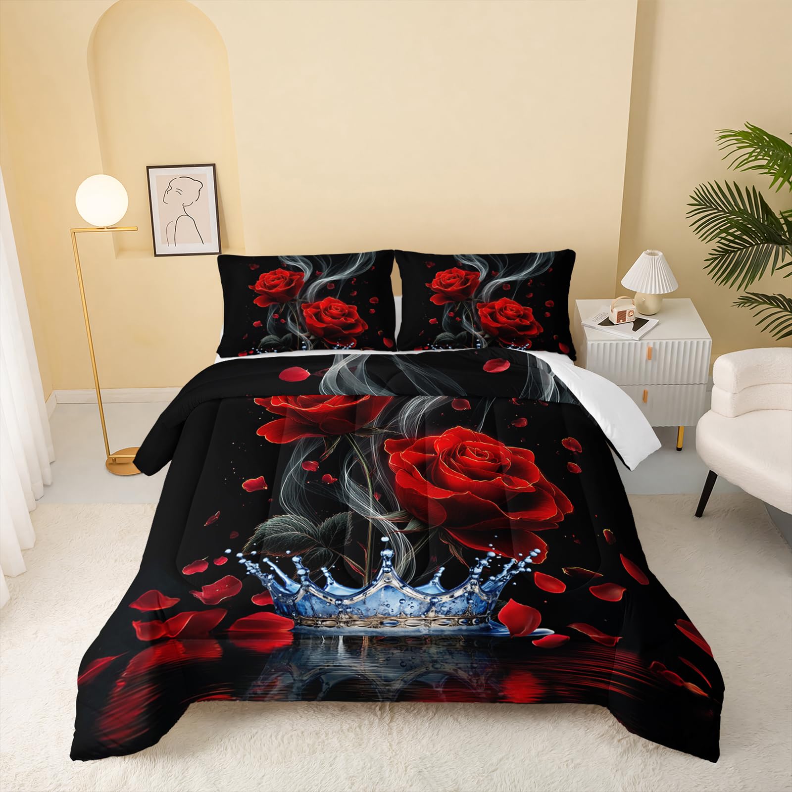 QOOMO 3Pcs Comforter Set Twin Size Red Rose Blue Crown Black