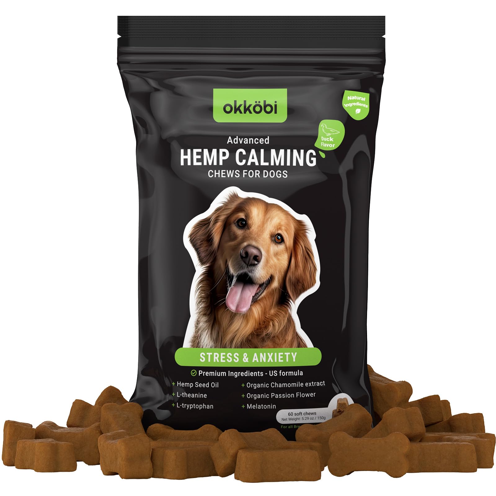 Hemp Calming Chews for Dogs Anxiety 60 pcs - Duck Flavored - Dog Anxiety Relief - Dog Calming Chews - Melatonin for Dogs - for Stress, Travel,