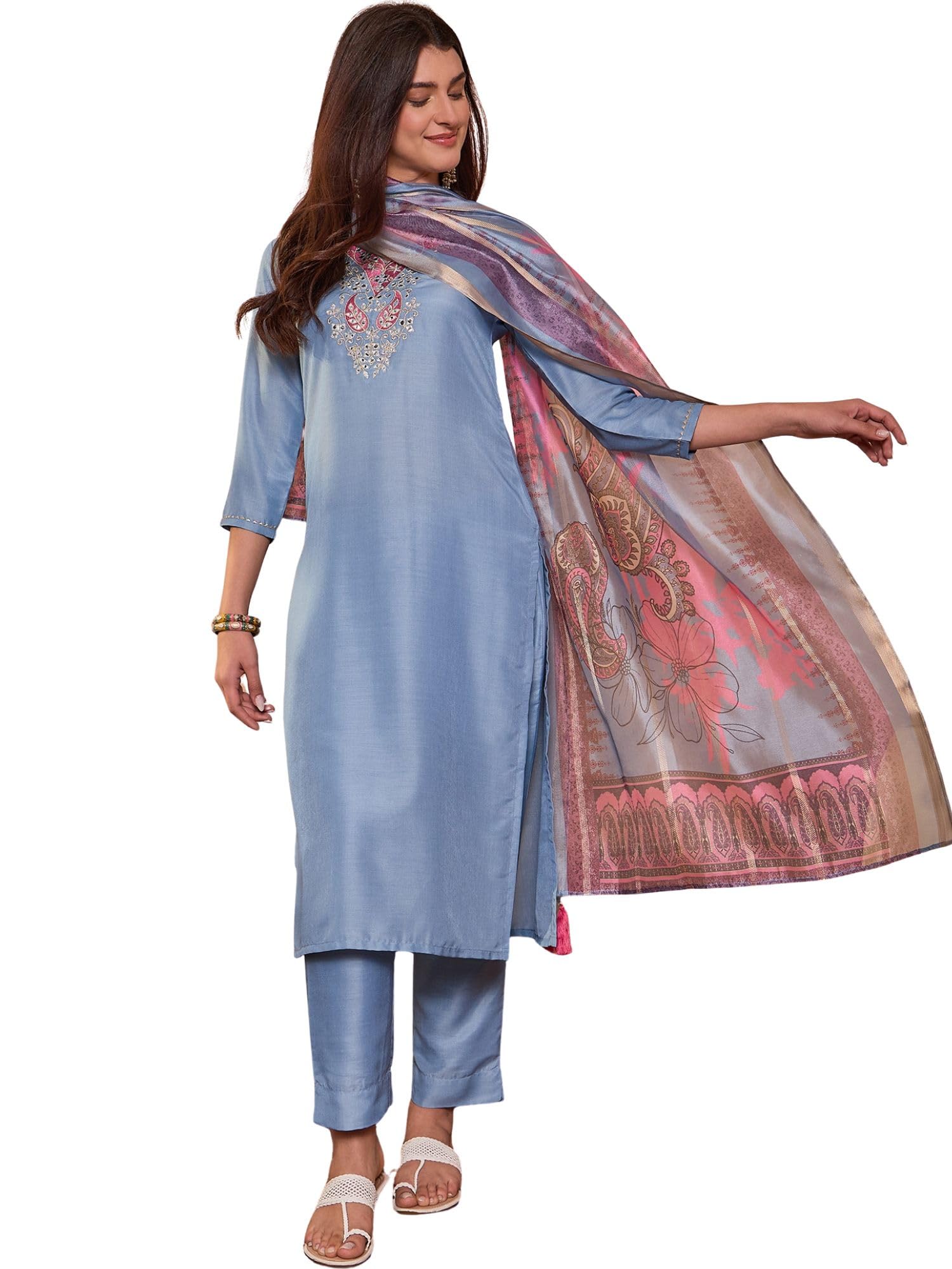 Women's Blue Cotton Blend Embroidered Straight Solid Kurta Trousers With Dupatta Set | Festive Straight Kurta Set For Women | Solid Salwar Suit For Women-image-9