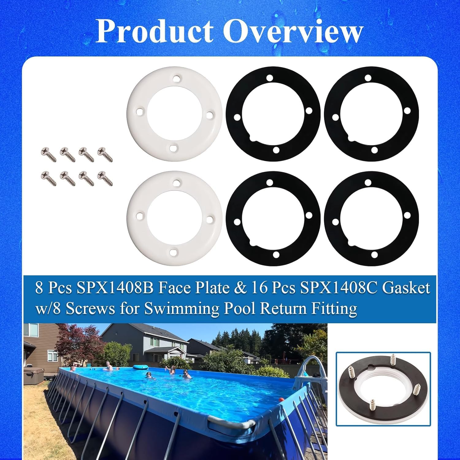 SPX1408B Face Plate & SPX1408C Gasket Compatible with Hayward Pool SP1408 SP1411, SP14071 Inlet Return Wall Fitting Kit,Vinyl Swimming Pool Return Wall Fitting Kit W/8 Face Plates,16 Gaskets,32 Screws