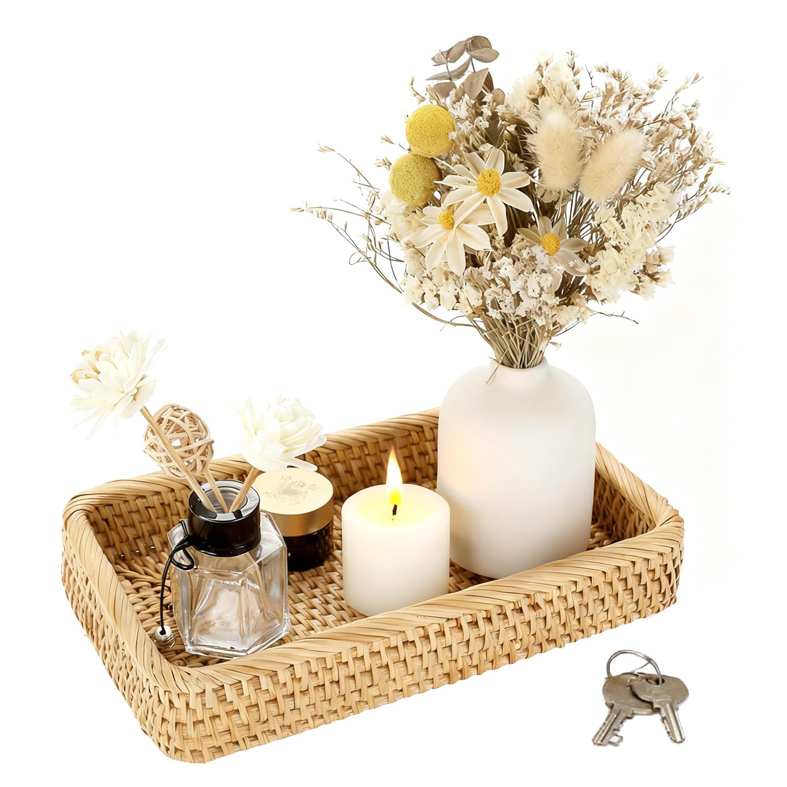 lrgnixs Rattan Key Tray,Small Wicker Tray for Storage,Decorative Tray for Coffee Table,Wooden Trays for Display,Storage Trays for Keys Vanity Candle Ornament Perfume