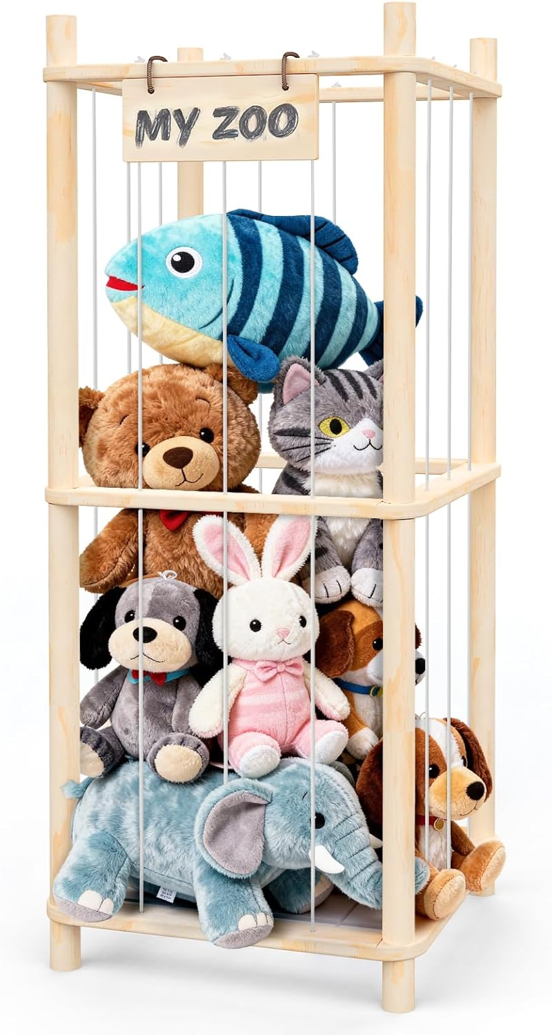 Stuffed Animal Storage Zoo Organizer – Wooden Toy Holder for Toddlers, Cute Plush Toy Cage for Kids’ Room, Playroom & Bedroom, Space-Saving Nursery Organizer with Personalized Nameplate
