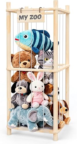 Organizador de zoológico de almacenamiento de animales de peluche, soporte de madera para niños pequeños, bonita jaula de juguetes de peluche para